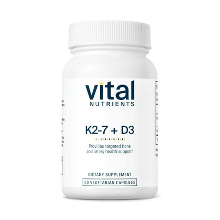 Vital Nutrients - K2-7 + D3 Vitamin - Bone and blood clotting Support - 60 Capsules per Bottle