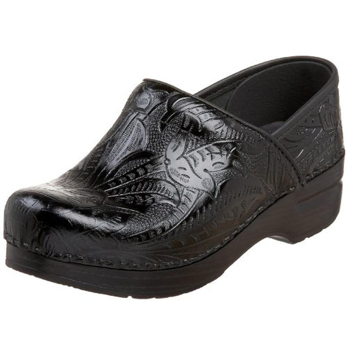 dansko black tooled leather clogs