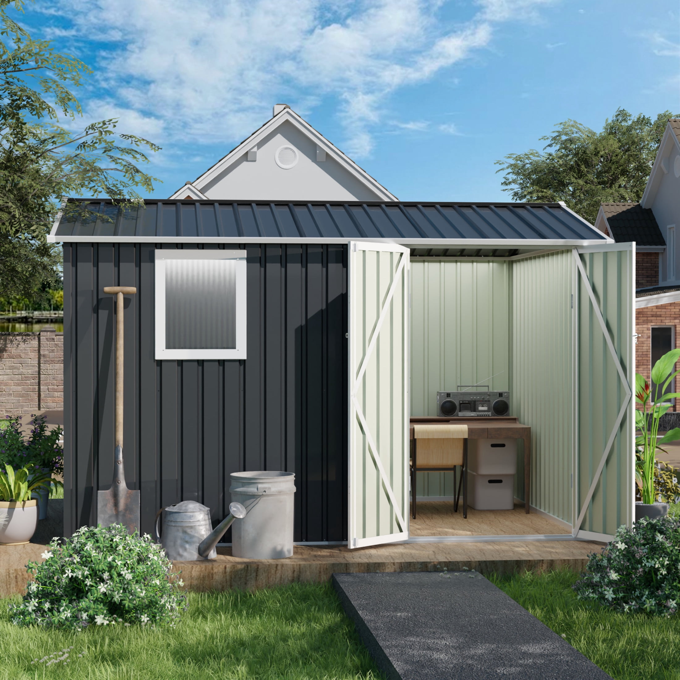 Noble House 9x6 FT Metal Outdoor Garden Shed, Galvanized Steel Backyard Tool Storage House with Window, Grey