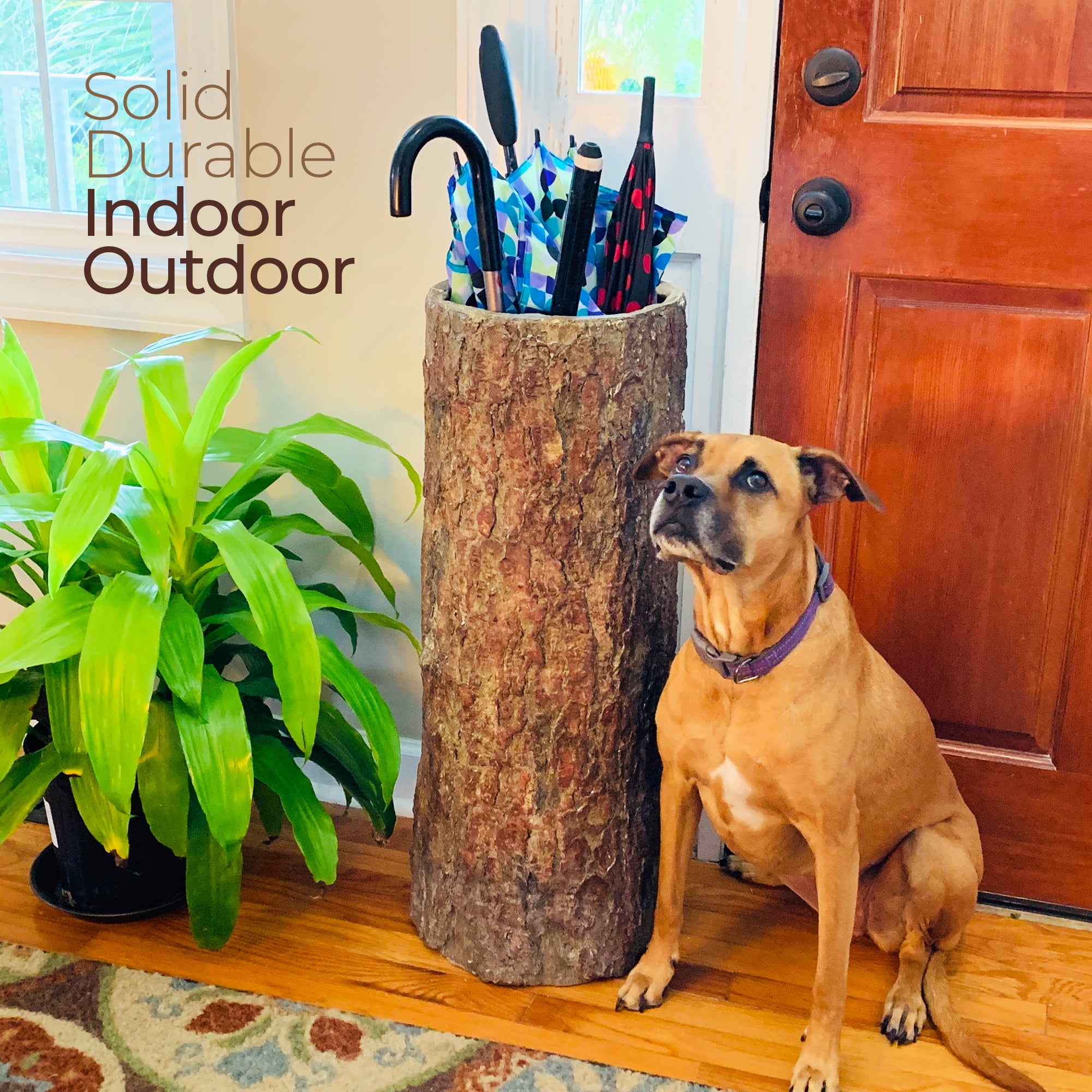 Country Stump Vintage Farmhouse Umbrella Stand. Unique Indoor / Outdoor Walking Stick & Umbrella Holder. Rustic Home Entryway Log Bin.