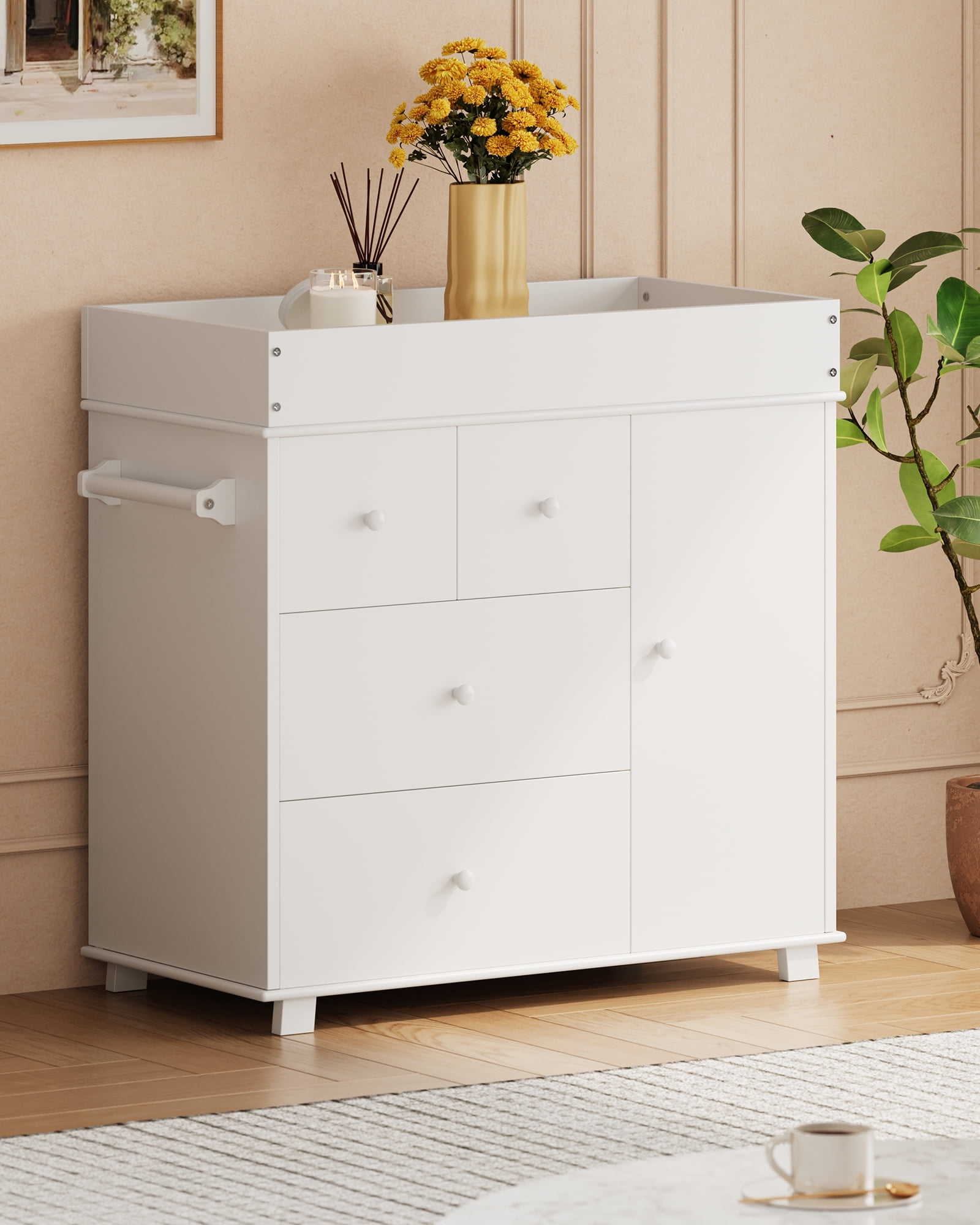 Roromall Baby Dresser with Changing Table Top, 4 Drawers Nursery Dresser with Door, Infant Diaper Changing Station Baby Cloth Organizer for Nursery and Bedroom