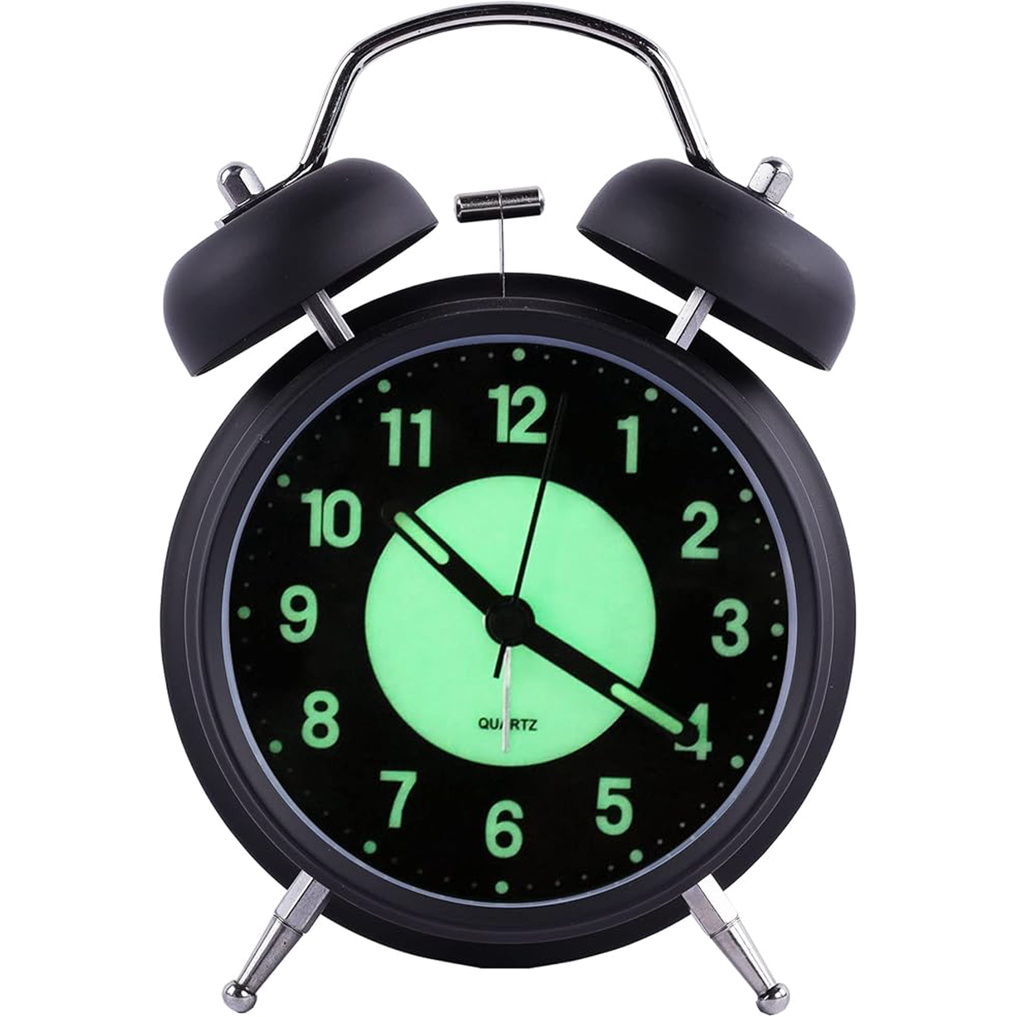FAUX- 4 Analog Luminous Alarm Clock Twin Bell Silent Non-Ticking Quartz Battery Operated Loud with Backlight for Bedside Table Vintage Retro Style, Decorative Desk Clock