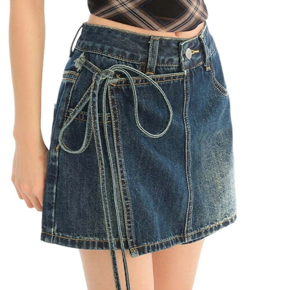 TIANZEN Women's Fashion Asymmetrical Tie Waist Mini Skirt With Denim Detail Casual A Line Skirt For Summer Outfits Skirts for Girls Skirt Shorts