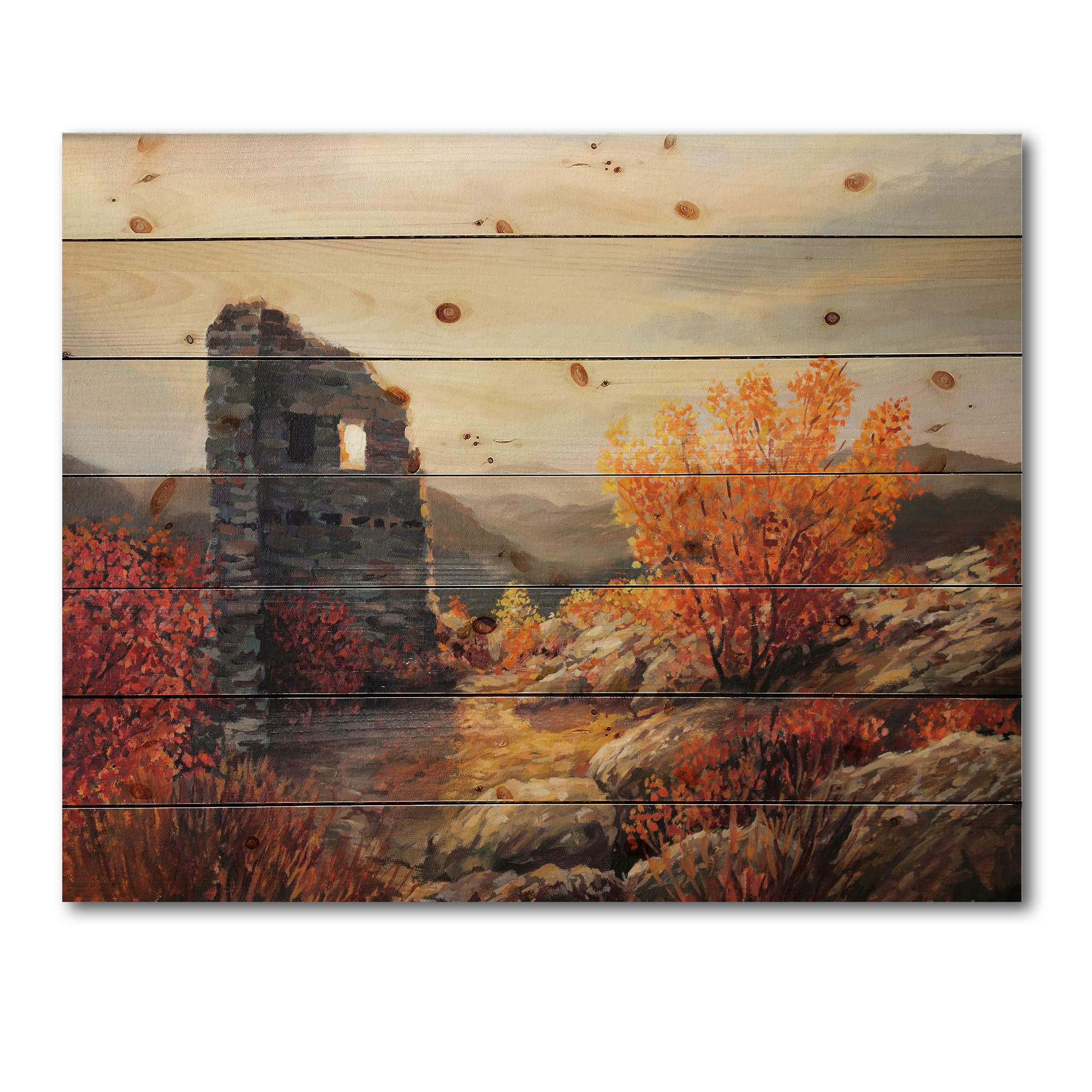 Designart 'Sunset Over Old Fortress Ruins' Farmhouse Print on Natural Pine Wood