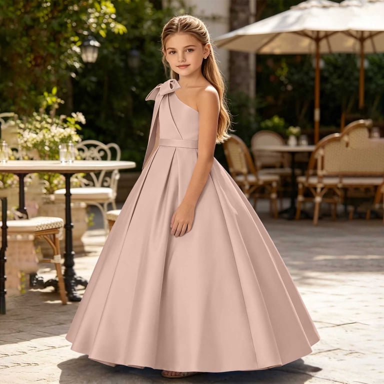 maxi dresses for 5 2 Jinhomg Girls One Shoulder Formal Maxi Dress Junior Bridesmaid Bow Shoulder Satin Dresses Flower Girl Wedding Guest Ball Gown 2-14 Years Beige, Girl's
