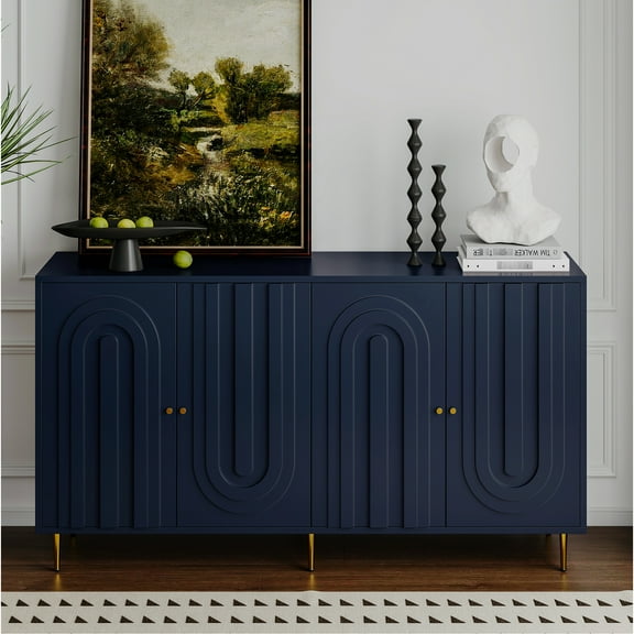 4 Door Blue Lacquered Cabinet For Entryway, Hallway. Adjustable Shelves, In Modern Lacquer - Stable Structure, Golden