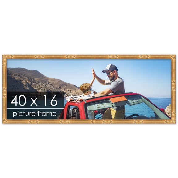 40x16 Gold Thin Bamboo Picture Frame - UV Acrylic, Foam Board Backing, Hanging Hardware
