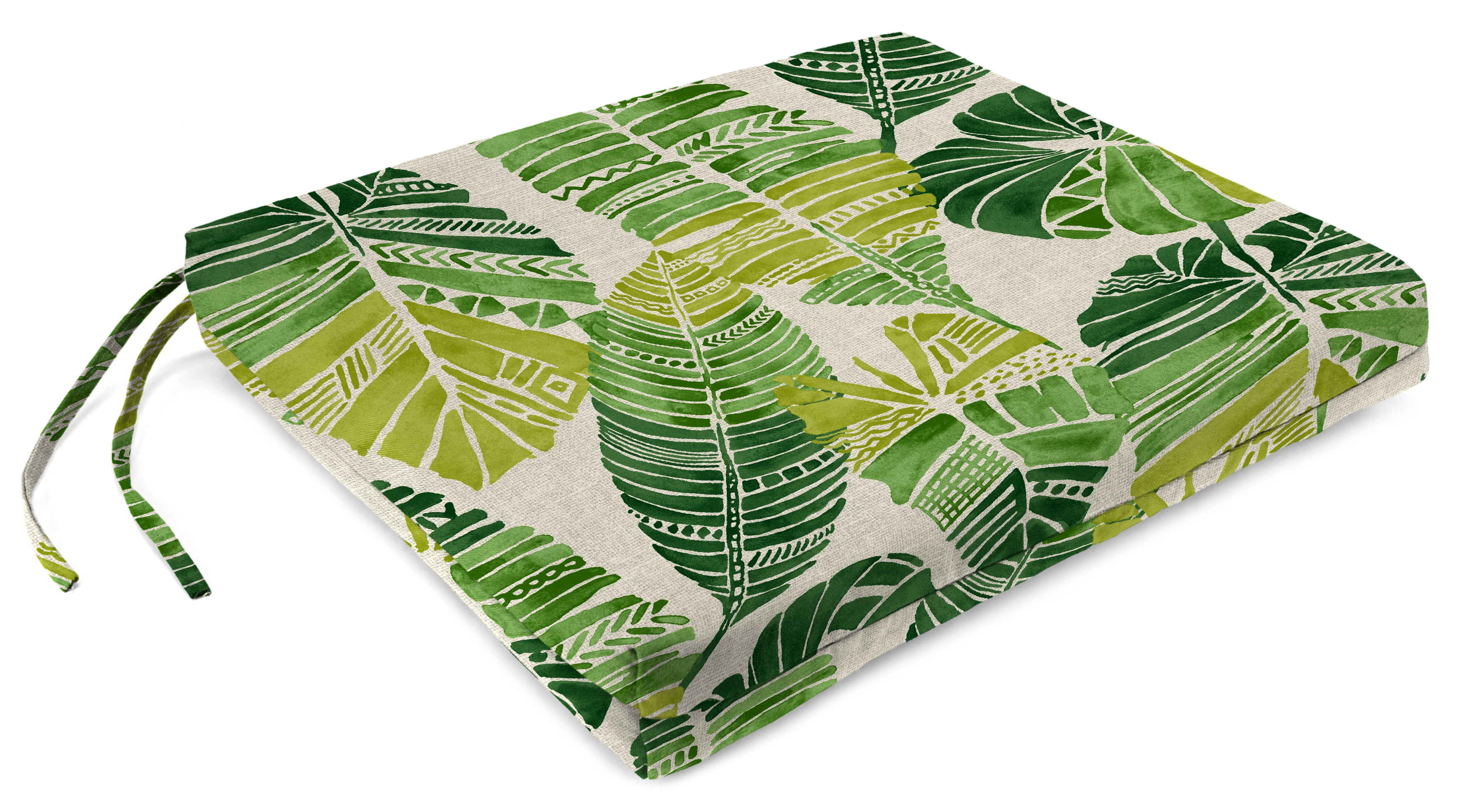 Jordan Manufacturing 17" x 19" Hixon Palm Green Leaves Rectangular Outdoor Chair Pad Seat Cushion with Ties (2 Pack)