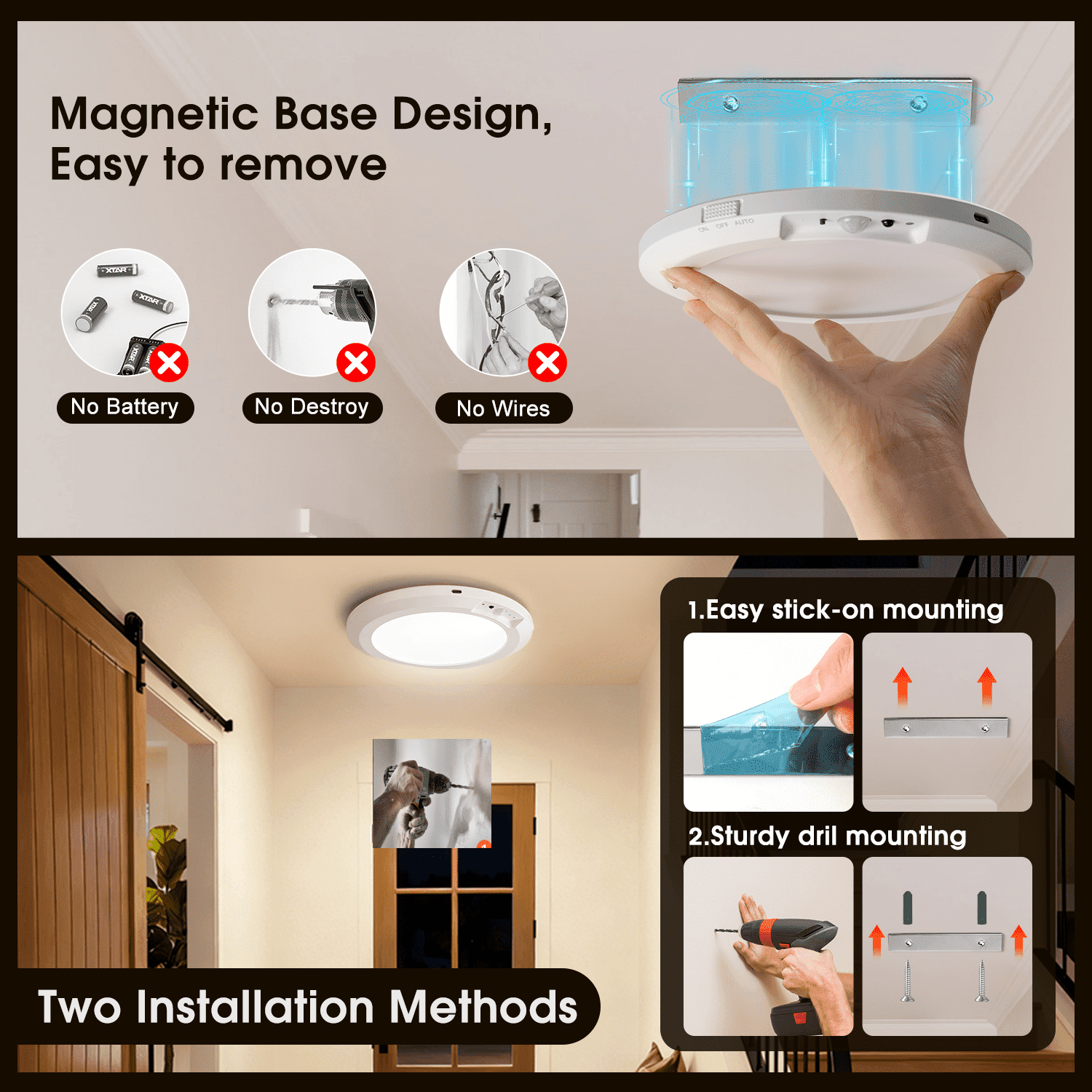 Merryhome Motion Sensor LED Ceiling Light 7 inch, Rechargeable Wireless Light with Remote Control for Closet, Hallway and Stairway