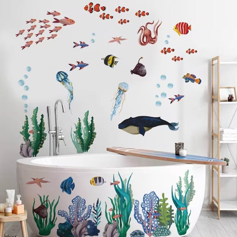 Under The Sea Wall Decals Coral Reef and Seaweed Wall Stickers Creature Sea Life Fish Ocean Grass Wall Decor for Bathroom Kids Bedroom Baby Nursery