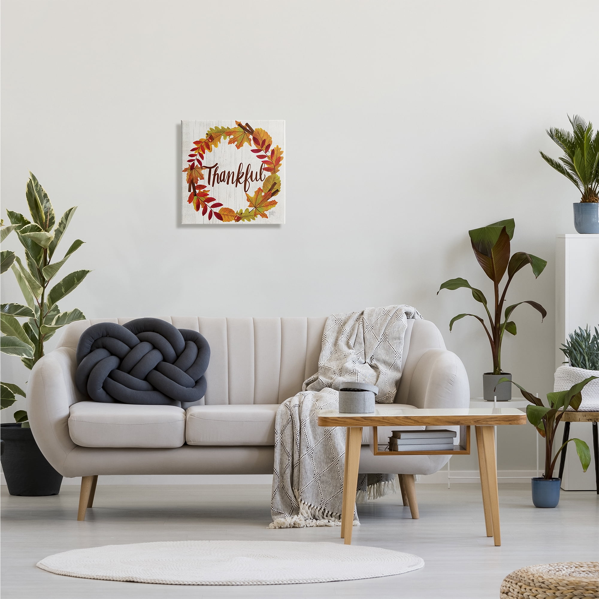 Autumn Tree Leaf Wreath Thankful Sentiment Home Sign Holiday Gallery-Wrapped Canvas Print Wall Art, 17x17