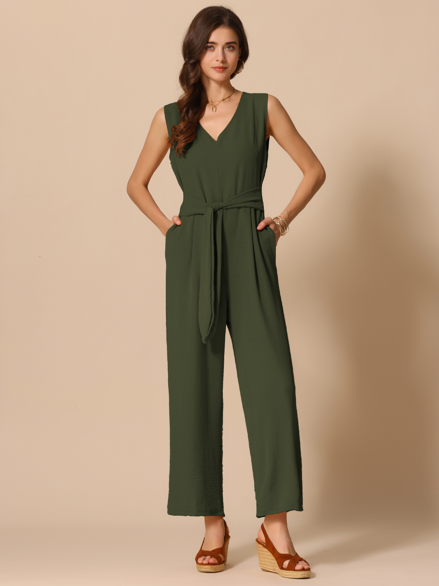 DARING DIVA Women's V Neck Casual Sleeveless Wide Leg Jumpsuit S Army Green