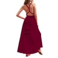thumbnail image 2 of Lopecy-Sta Maxi Dress for Women Burgundy Backless, Spaghetti Strap Twist Tie Waist Flowy Long Sundress, Summer Beach Vacation Dress with Pockets, Elegant Formal Evening Gown for Wedding Guest, 2 of 9
