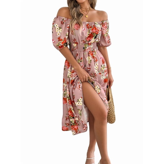 Jaimenalin Women Spring Ruffle Off Shoulder Floral Midi Dress Summer Smocked Beach Flowy Long Dresses Pink L
