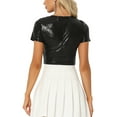 thumbnail image 3 of INSPIRE CHIC Metallic Crop Tops for Women's Keyhole Short Sleeve Halloween Party Shiny Holographic Top XS Black, 3 of 5