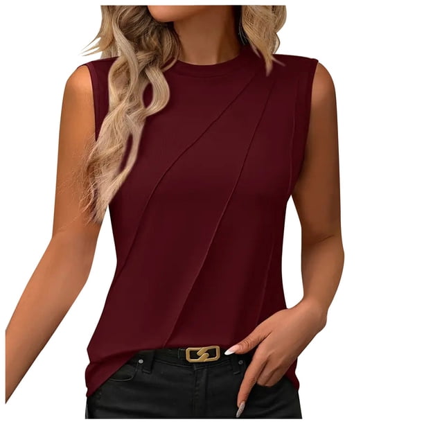 Top sin mangas de cuello redondo liso de verano para mujer - Corte holgado, mezcla de poliéster - Camiseta sin mangas informal para el día a día