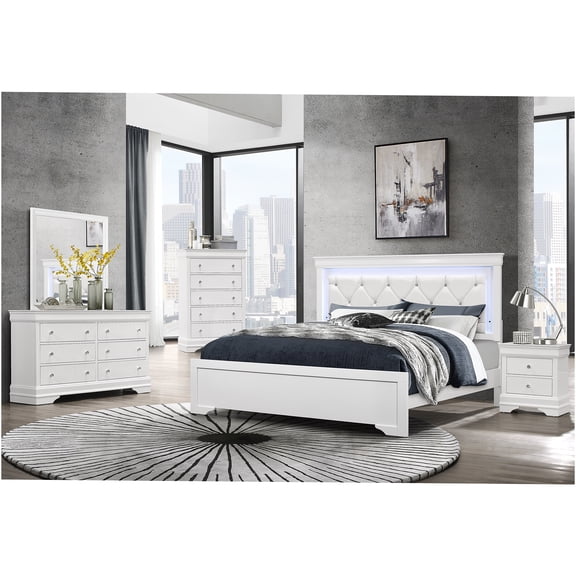 JERFIT 5-Piece King Bedroom Set with LED Lights, White Shaker Style Panel Bed, Dresser, Mirror & Nightstands