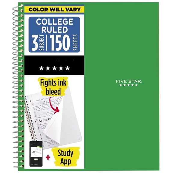 Five Star 3 Subjects 150pg College Ruled Spiral Notebook (Colors May Vary): Perforated, Acid-Free, 3 Hole Punched, Flexible Cover