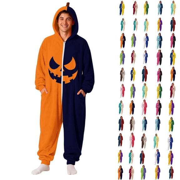Basysin Halloween Pajamas Split Color Hooded Onesie Pajamas Soft Unisex Long Sleeve Jumpsuit Comfortable Cosplay Costume For Men And Women Halloween Costume Sleepwear