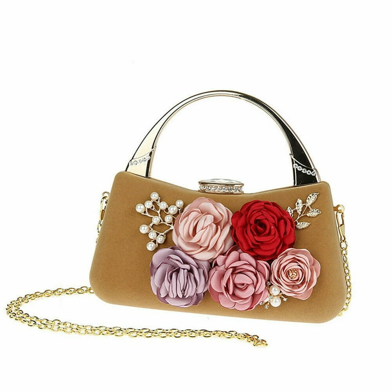 Eleoption Fashion Floral Evening Bag Wedding Clutch Handbag Purses Flower  Clutch Bags for Wedding Party Prom Banquet with Carved Handle Metal Chain
