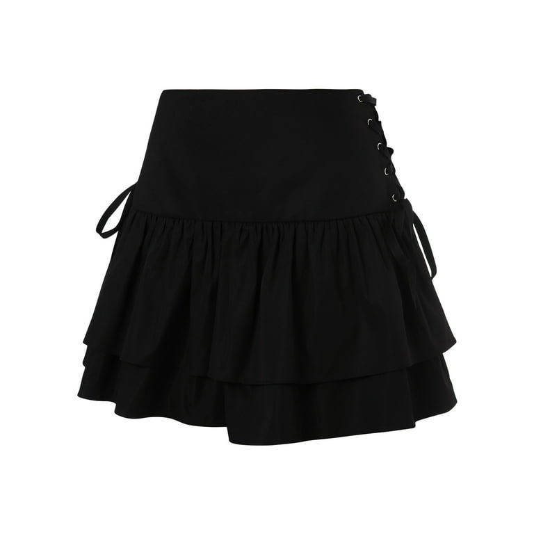 Women s Black Pleated Mini Skirt Gothic High Waist Cross Tie Up Ruffle A Line Short Skirt