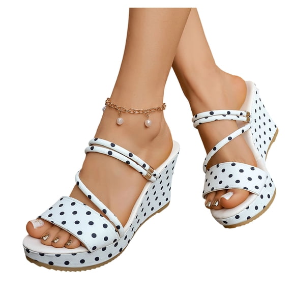 hoksml Women Open Toe Wedge Slide Sandals, Polka Dot Canvas Upper Fixed Double Strap Slip On Platform Sandals