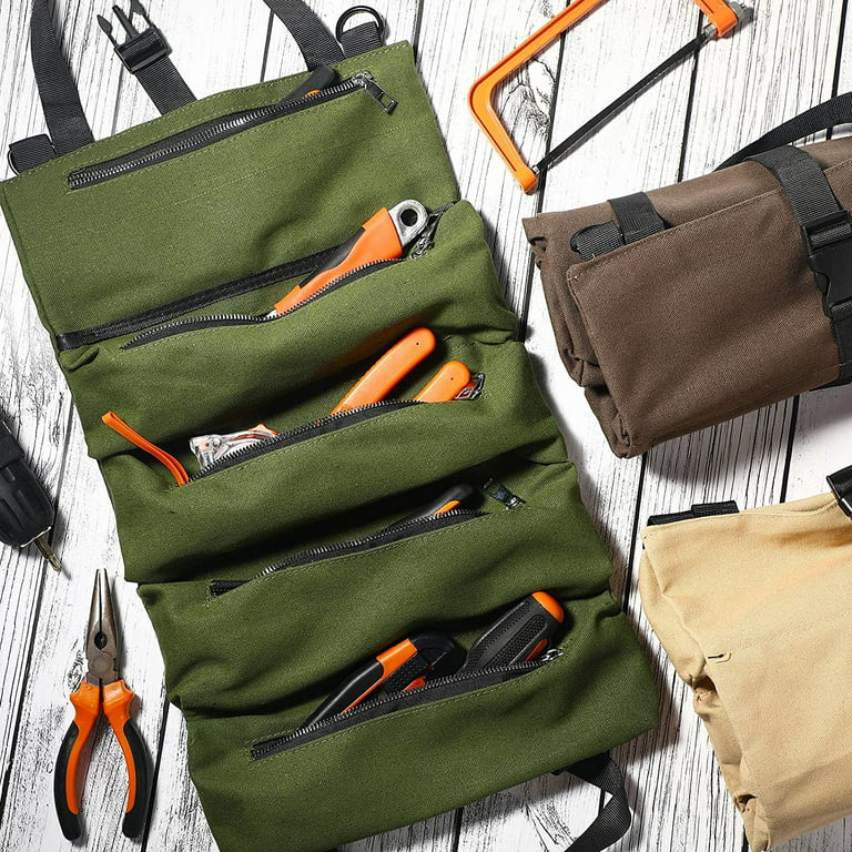 Tool Roll Up Bag, Canvas Multi-Purpose Roll-Up Tool Organizer, Tool Bag Organizer with 5 Tool Pouches for Car Motorcycle-Jeep Gifts for Men Green