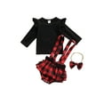 thumbnail image 3 of Bagilaanoe 3Pcs Newborn Baby Girls Overalls Shorts Set Ribbed Long Sleeve T-shirt Tops + Plaid Suspender Romper + Headband 3M 6M 12M 18M  Infant Casual Outfits, 3 of 8