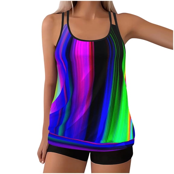 Dgankt Plus Size Swimsuit for Women Women's Neon Rainbow Stripe Tankini Set - Double Strap Flowy Swim Top & Black Bottoms for Beach Charity Runs, Coastal Fundraisers & Summer Fitness Events S-5XL