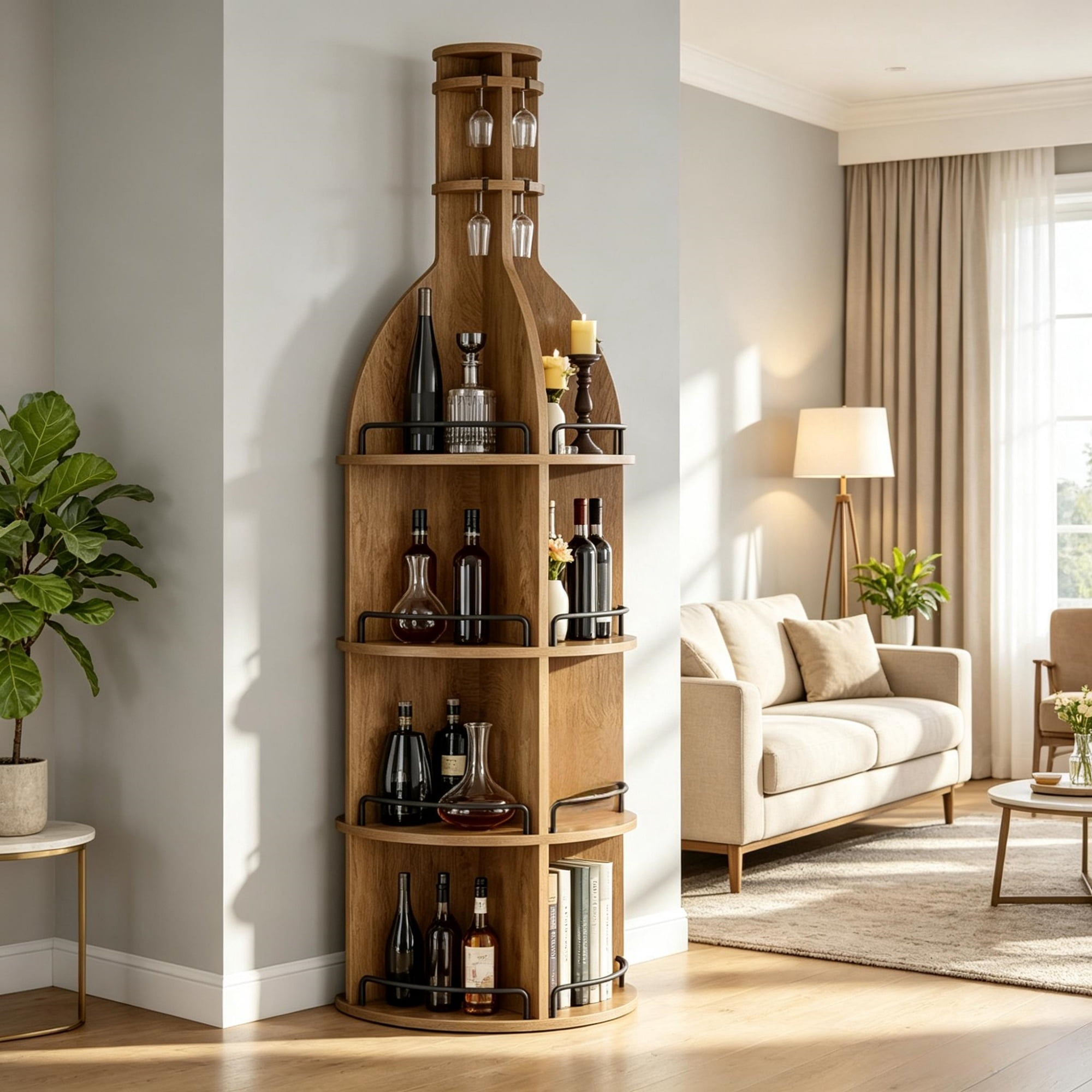 75 Inch Round Wine Cabinet with Shelves and Hanging Goblet Holder, Wine Rack (No Lights)