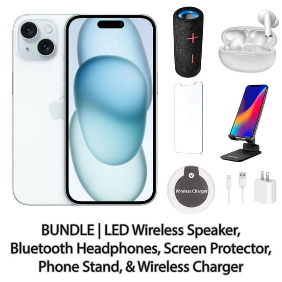 Restored Apple iPhone 15 128GB Blue Fully Unlocked Bundle with LED Wireless Speaker, Bluetooth Headphones, Screen Protector, Wireless Charger, & Phone Stand (Refurbished)
