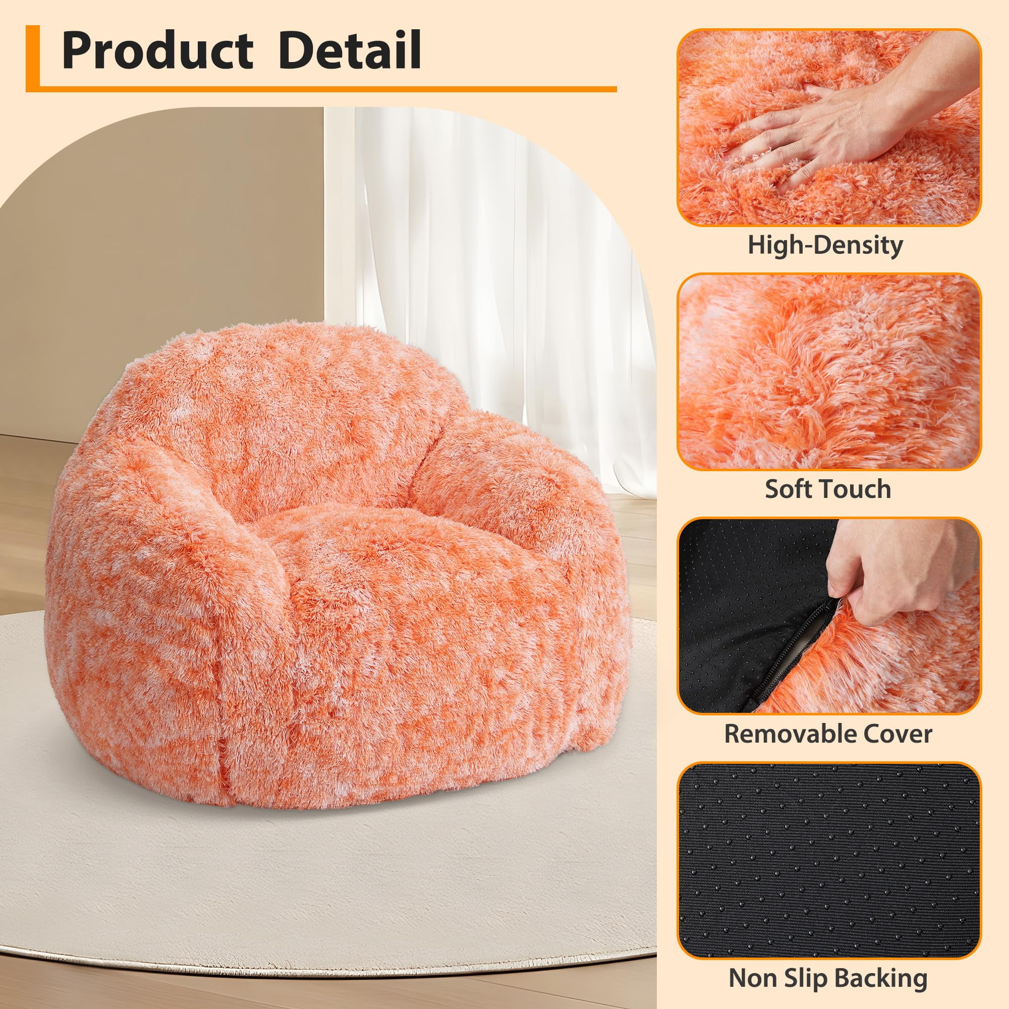 BouPower Bean Bag Chair for Adults, Plush Fluffy Faux Fur Sofa, Premium High-Density Sponge Filler Ergonomic Backrest & Armrests, Removable Washable Cover Comfy Lazy Chair for Bedroom Living Room