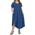 thumbnail image 4 of WTOBBY Women's Solid Color Slit Dress, Elegant Plus Size Short Sleeve V-Neck Casual Office Wear for Special Occasions Business Events and Cocktail Parties,Blue L, 4 of 5