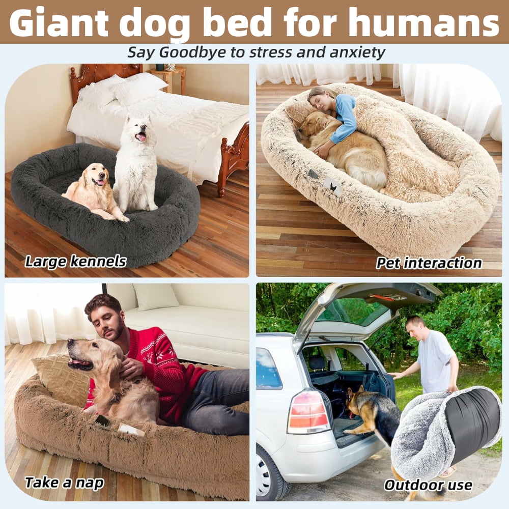MIDODO Human Dog Bed, 72"x48"x11" Size Washable Faux Fur Giant Dog Bed for Human, Large Bean Bag Bed with Plump Pillow, Blanket, Strap