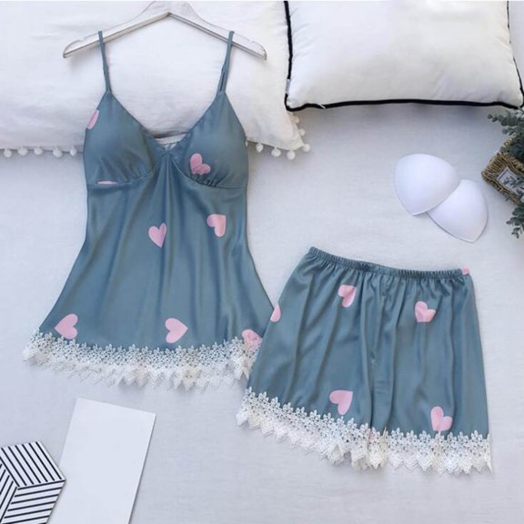 LIZUOJUN Pajamas For Women Set Camisole Tops For Women 2 Piece Sleepwear Summer Shorts Love Print Lace Trim Soft Breathable Stretchy Cozy Loungewear Women - L