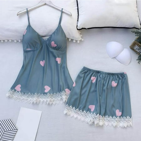 

Sayhi Cami Top and Shorts Loungewear Pajamas Strap Pajama Sets Satin Two Piece Sleepwear Soft Women s Sleepwear Blue L