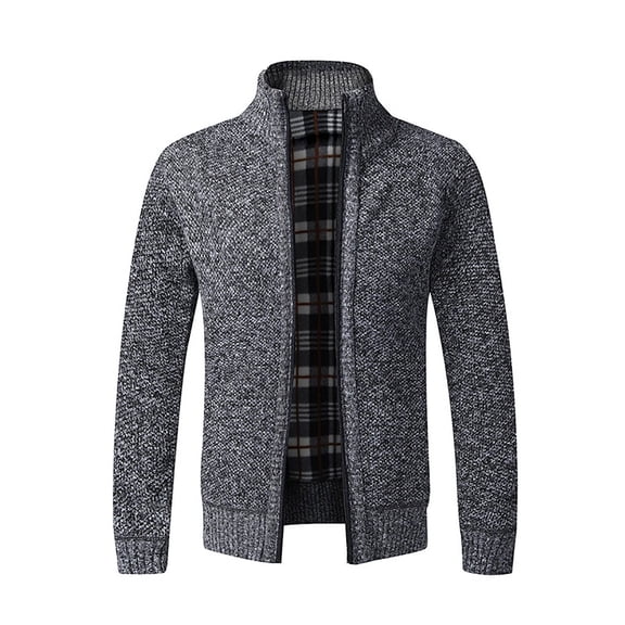 Mens Winter Knitted Sweater Casual Stand Collar Long Sleeve Full Zip Fleece Plaid Lined Coats With Zipper Pockets