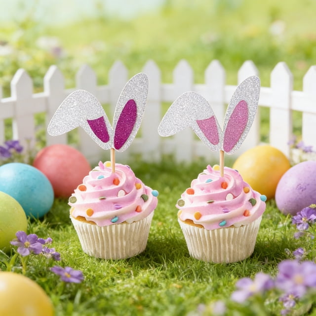 Pack de 12 adornos para tarta de orejas de conejito de Pascua – banderas de magdalenas de papel con purpurina, carteles de fiesta rosas y rosa fuerte, púas de madera de grado alimentario