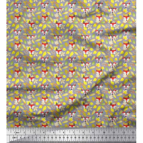 Soimoi Cotton Duck Fabric Leaves,Feather & Fox Face Cartoon Print Sewing Fabric Yard 56 Inch Wide