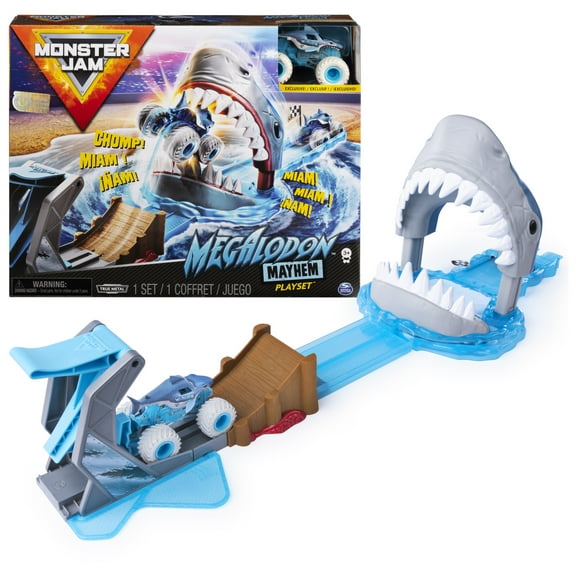 Monster Jam Official Megalodon Mayhem Vehicle Playsets with Exclusive 1:64 Scale Megalodon Die-Cast Monster Truck