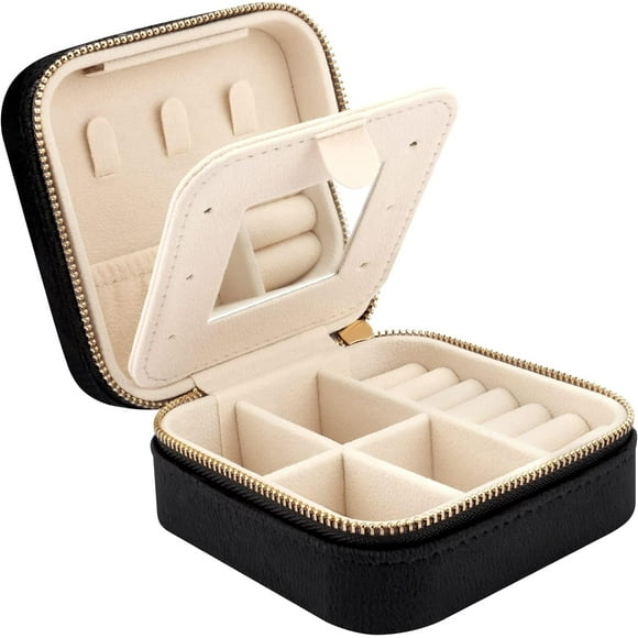 DesignSter Boîte à Bijoux de Voyage - Organisateur de Bijoux en Velours, Petite Boîte à Bijoux, Boîte de Rangement pour Bagues Boucles d'Oreilles Colliers (Carré, Noir)