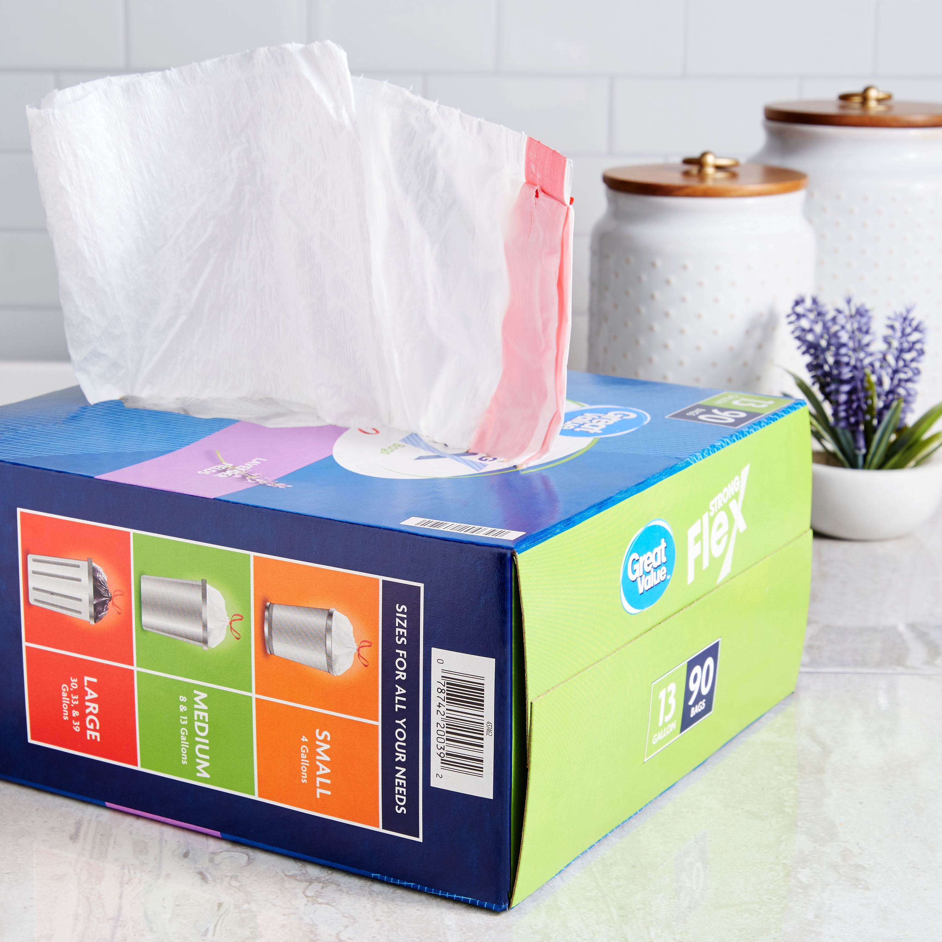 Great Value Strong Flex Tall Kitchen Trash Bags, 13 gal, 90 Bags, Drawstring, Lavender Fields