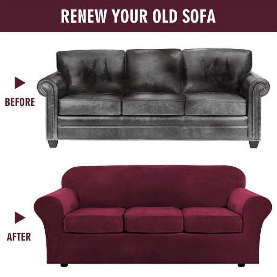 JIAN YA NA Stretch Velvet Sofa Covers Large Couch Covers Sofa Slipcovers with Seperate Seat Cushion Covers(Burgundy, Sofa Cover)