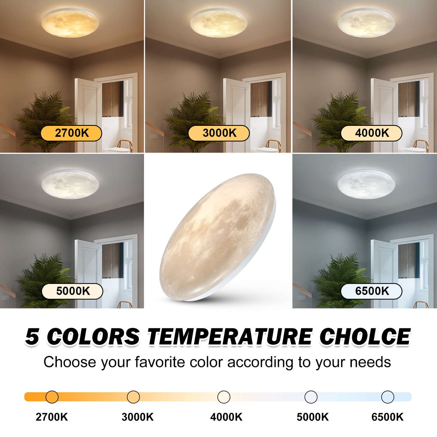Flush Mount Fixture Ceiling Light ：15" 3D Moon Surface 5CCT Adjustable 30W LED for Bedroom, Nursery