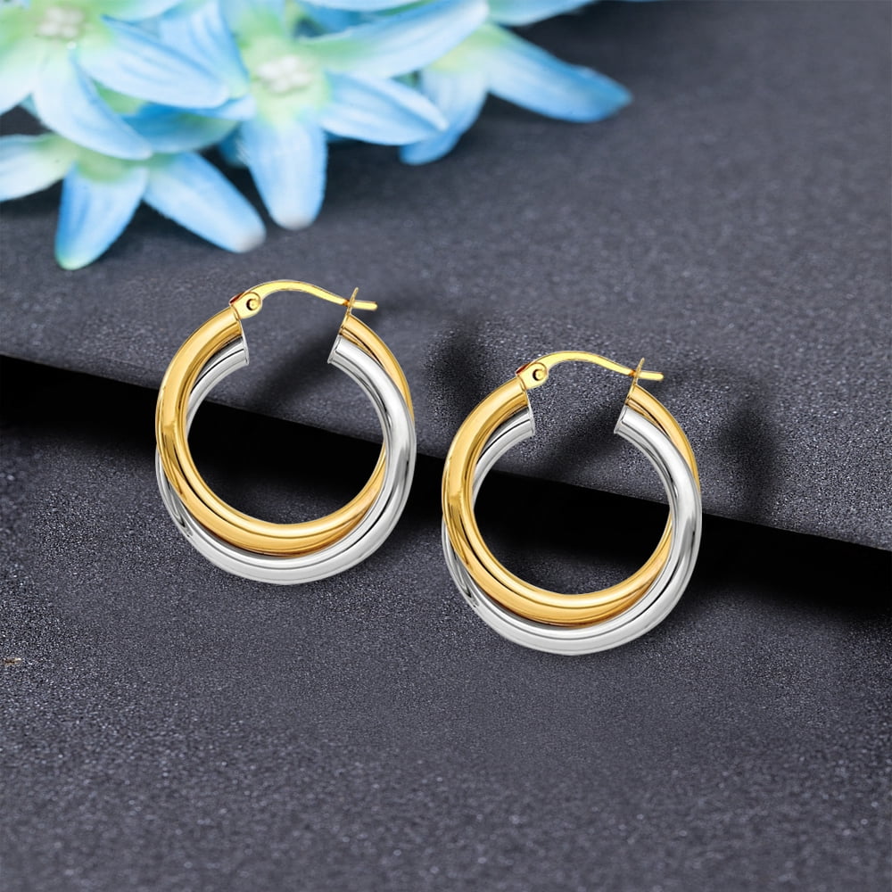 LeCalla 925 Sterling Silver Two Tone Click Top Intertwining Round Hoop Earrings for Women and Teen 28MM
