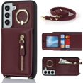 thumbnail image 2 of Samsung Galaxy S22 Case with Card Holder for Women, Galaxy S22 Phone Case Wallet with Strap Credit Card Slots Crossbody with Kickstand Zipper Shockproof Case for S22 - Red Wine, 2 of 9