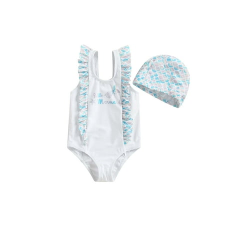 

Sunisery Kids Toddler Baby Girls 2Pcs Swimsuit Sets Cute Letter Print Sleeveless Ruffle Bathing Suit with Swim Cap White 2-3 Years