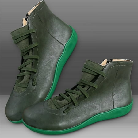 

HRSR Leather Ankle Boots Autumn Vintage Lace Up Women Shoes Comfortable Flat Heel Boots Zipper Short Boot(Green 39#)