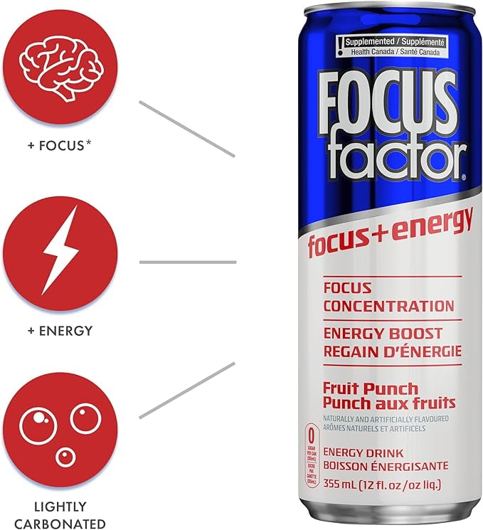 Focus Factor Energy Drink - 12 x 355ml Cans (Fruit Punch Flavor), Lightly Carbonated, Sugar Free