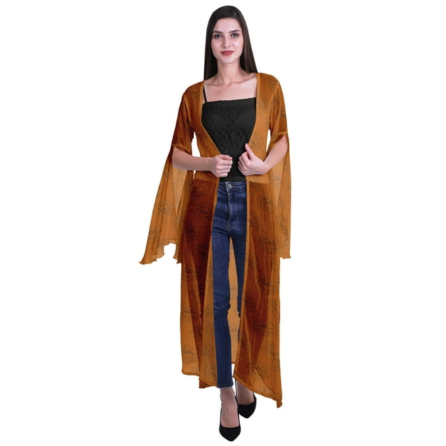 Moomaya Open Front Printed Georgette Shrug Slit Sleeve Beach Cover Up For Women